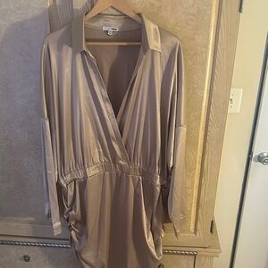 Fashion Nova Satin Wrap Dress in Taupe Beige